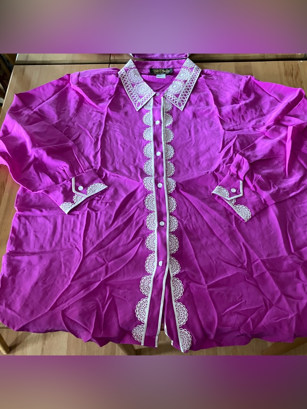 NEW Bob Mackie Silk Bright Magenta Button-Up Blouse with White Lace Trim Size 2X